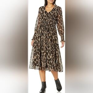 Taylor Smocked Leopard Chiffon Midi Womens‎ Size 8 Dress